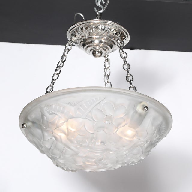 Art Deco Frosted Glass Floral Cubist Chandelier W/ Chrome Fittings Signed Degué For Sale In New York - Image 6 of 18