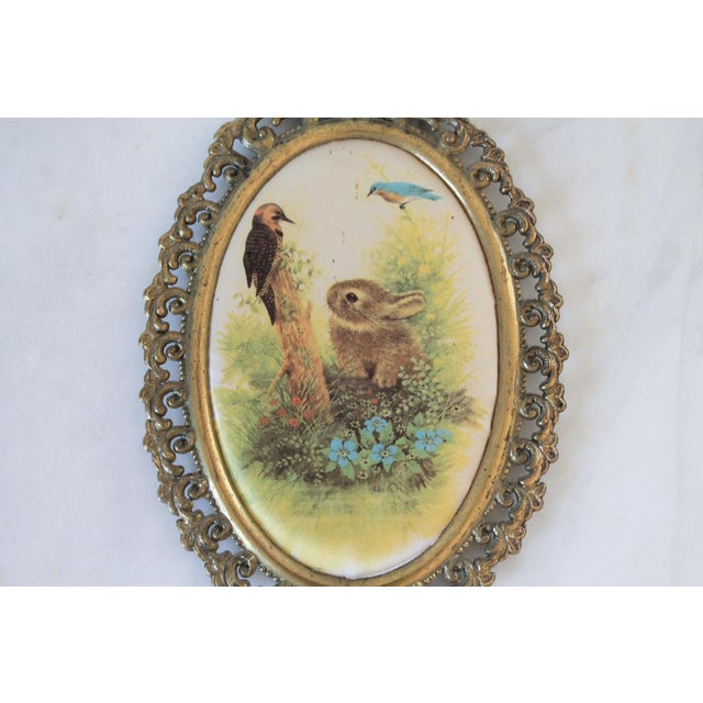 Metal Vintage Framed Italian Silk Animal Wall Hangings - Set of 3 For Sale - Image 7 of 12