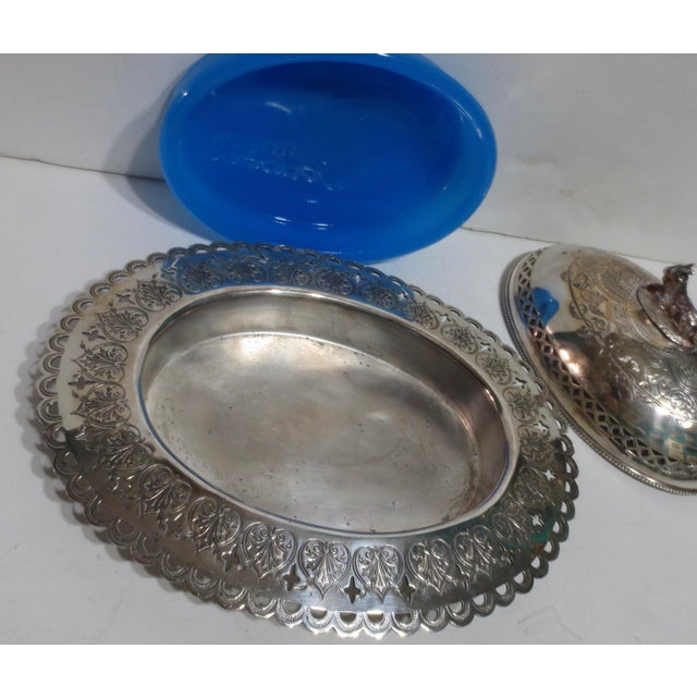 Metal SilverPlate Butter Dish W. Blue Oplaine Liner Circa 1850s For Sale - Image 7 of 9