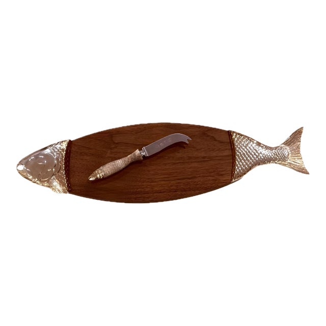 Vintage Ted Arnold LTD Gold & Wood Fish Cheese Board With Knife For Sale