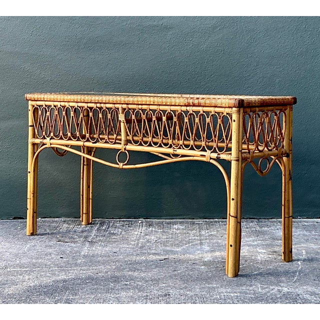 Hollywood Regency Vintage Italian Loop Rattan Console Table For Sale - Image 3 of 12