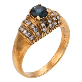 Vintage Sapphire Diamond 18k Yellow Gold Ring, Size 7 For Sale