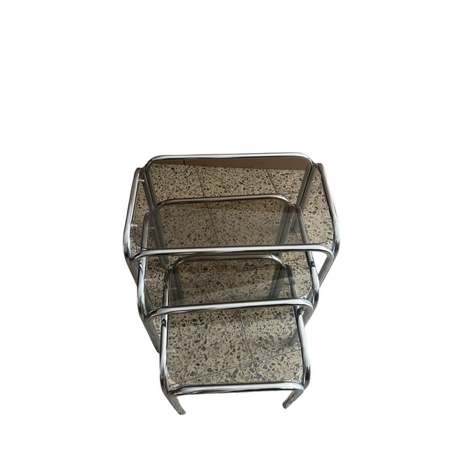 Vintage Chrome Nesting Tables with Smoked Glass, 1970s, Set of 3 For Sale - Image 4 of 9