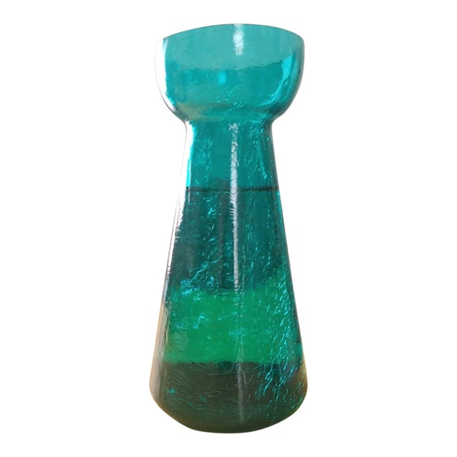 Antique Blown Aquamarine Crackle Glass Hyacinth Vase For Sale