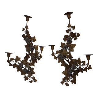 Mid Century Pair of Metal Grape Vine Candle Sconces For Sale