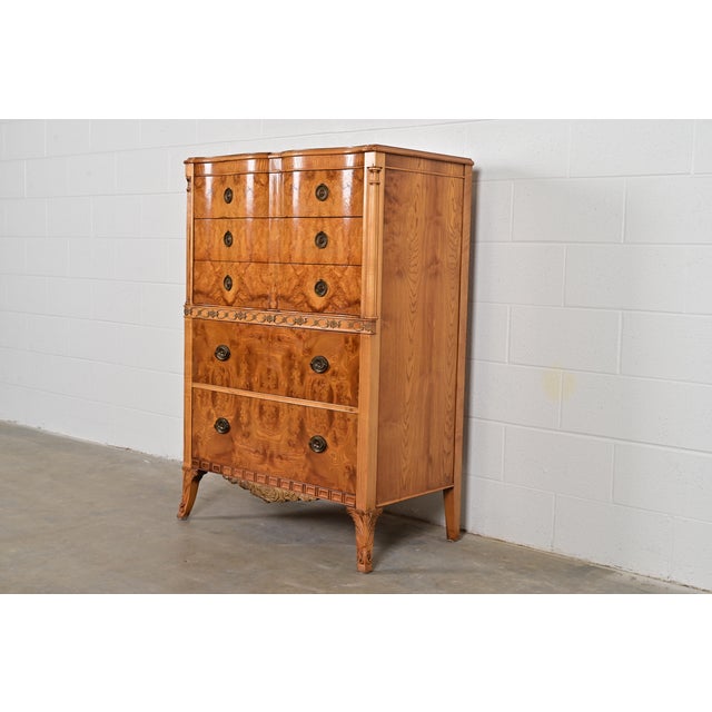 French Romweber French Regency Louis XVI Burl Wood Highboy Dresser, Circa 1920s For Sale - Image 3 of 15