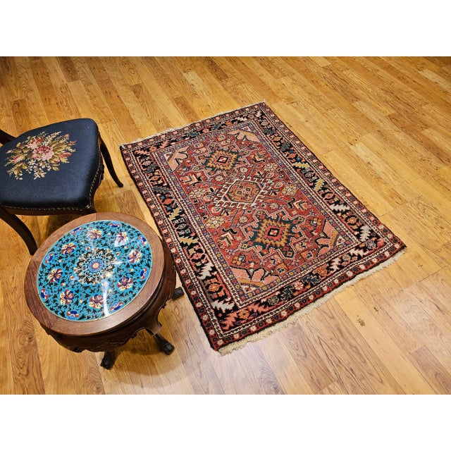 Textile Vintage Persian Heriz Karajah Rug, Hand-Knotted Wool, Geometric Pattern, Rust-Red & Navy, 4x5 For Sale - Image 7 of 18