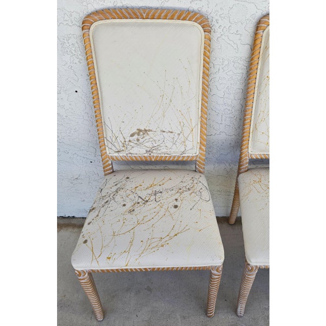 Coastal Carved Faux Rope Solid Wood Dining Chairs Abstract Upholstery Set of 6 For Sale - Image 16 of 18