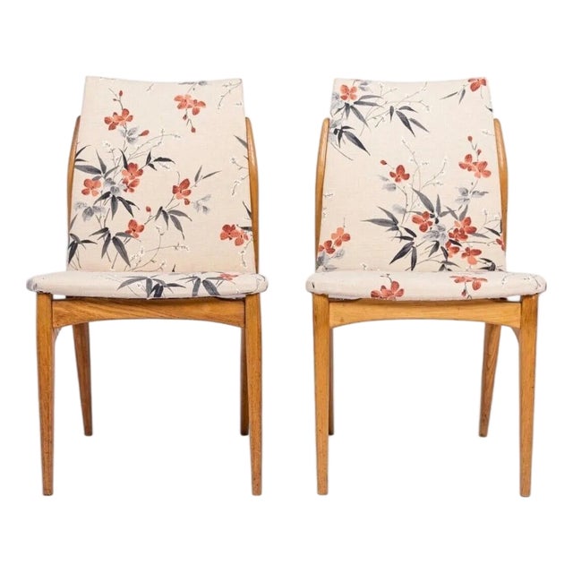 Vintage Mid Century Swedish Wood & Floral Fabric Side Chairs, 1950s For Sale