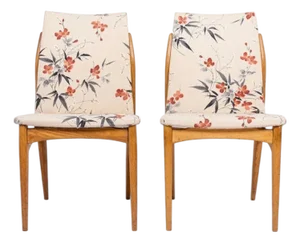 Vintage Mid Century Wood & Floral Fabric Side Chairs, 1950s