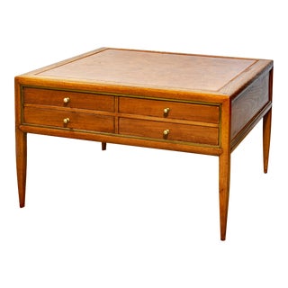Mid Century Modern Walnut and Brass Leather Top Cocktail Table With Four Serving Trays For Sale