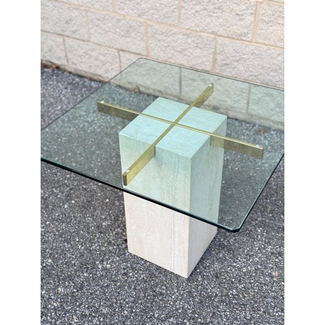 1980s Post Modern Glass Top Side Tables With Travertine Bases - A Pair For Sale - Image 4 of 9