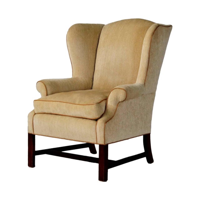 Tan Wingback Armchair With Custom Herringbone Upholstery For Sale - Image 8 of 8