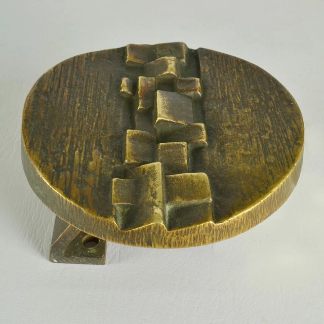 Brutalist Bronze Round Push and Pull Door Handles with Geometric Relief, Set of 2 For Sale - Image 3 of 13