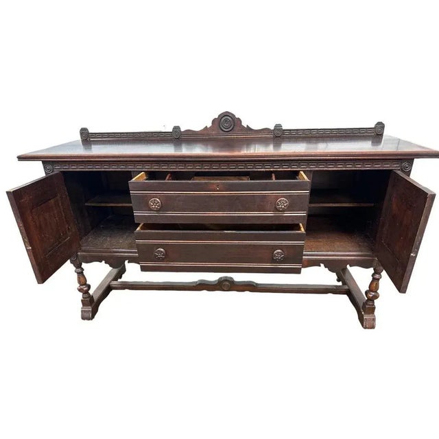 Spanish Revival Rare Antique 1920s Signed Baker Furniture Company Walnut Spanish Revival 72" Buffet Sideboard Made in Allegan, Michigan For Sale - Image 3 of 10