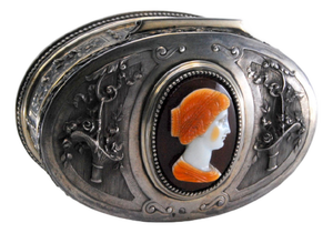 Jewelry Box in Embossed Silver with Flower Baskets Surrounding Cameo Card and Hinged Lid