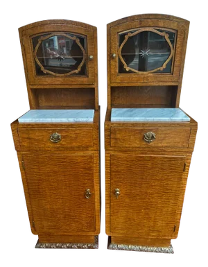 European Burled Wood Veneer Marble Top End Tables W/ Glass Cabinet Top - a Pair