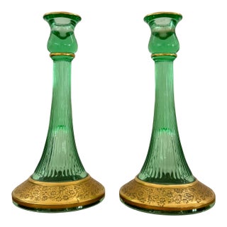 Set of 2 Antique Green Glass Candles For Sale