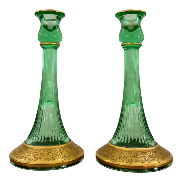 Set of 2 Antique Green Glass Candles For Sale