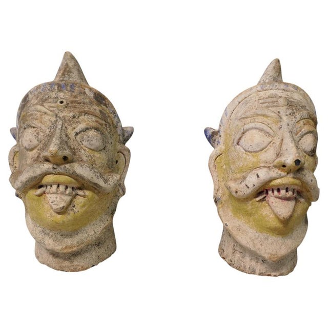 Ceramic Large Antique Indian Terracotta Tent Pole Tops, Set of 2 For Sale - Image 7 of 7