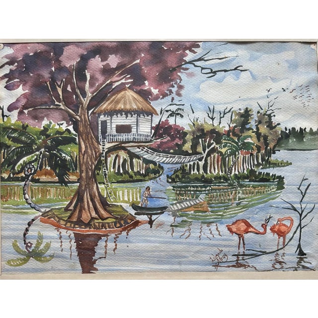 Impressionist Antique Framed Watercolor Coastal Landscape With Pink Flamingos For Sale - Image 3 of 8