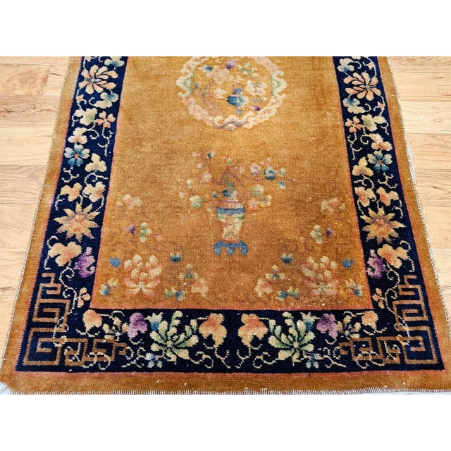 Tan Vintage Chinese Art Deco Area Rug, Hand-Knotted Wool Pile, Tan, Dark Blue, 1920s For Sale - Image 8 of 12
