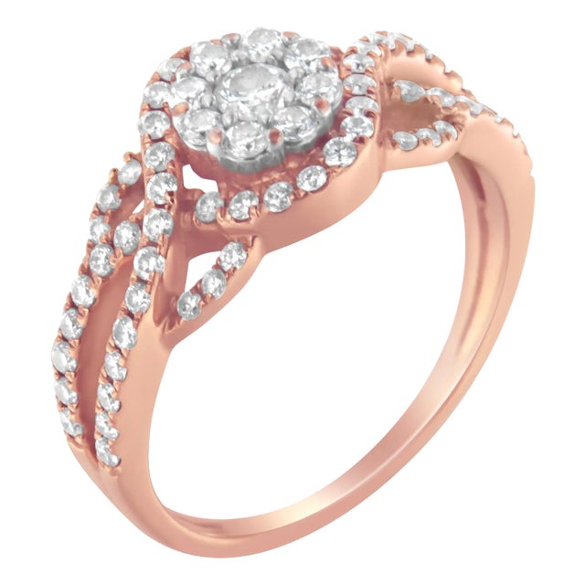 10K Rose Gold 3/4 Cttw Diamond Floral Cluster Head and Twisted Shank Cocktail Ring (H-I Color, SI1-S EVS1010 For Sale