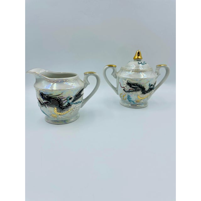 Vintage White Dragon Ware Lusterware Moriage Geisha Lithophane Tea Set- 15 Pieces For Sale - Image 4 of 13