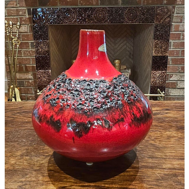 1960s MCM Keramik Red Fat Lava Vase With Handle For Sale - Image 5 of 11