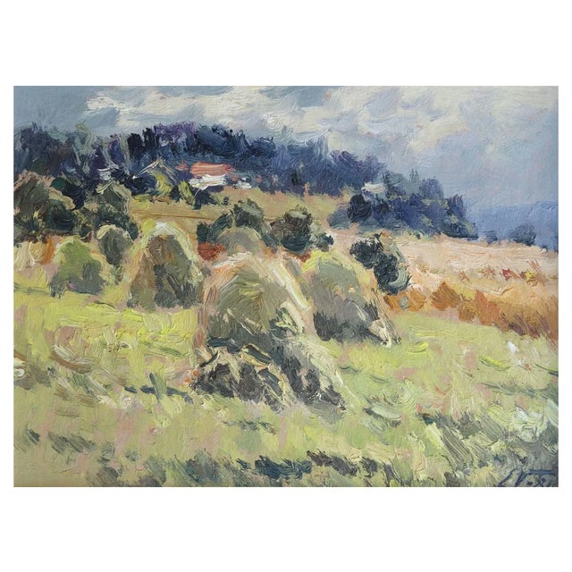 Edgars Vinters, Hay Stacks, 1981, Oil on Cardboard For Sale