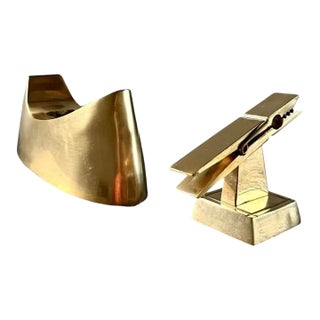 Cast Brass Tape Dispenser + Brass Clothespin Card Holder, Set of 2 For Sale