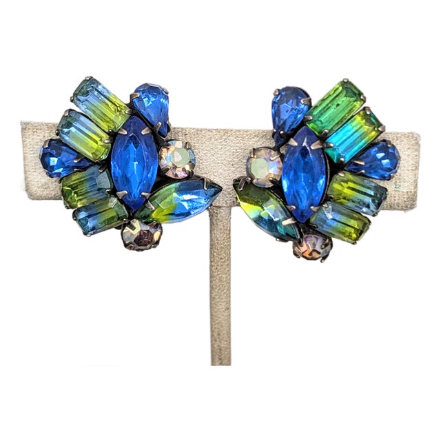 Vintage 1960s Signed Kramer Blue & Green Cuba Rhinestone Clip Earrings-2 Pieces For Sale