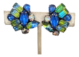 Vintage 1960s Signed Kramer Blue & Green Cuba Rhinestone Clip Earrings-2 Pieces