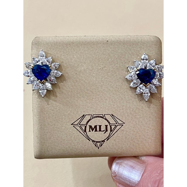 GIA Certified Ceylon Heart Shape Sapphire & 3.5 Carat Diamond Stud Earring 18KG For Sale - Image 9 of 18