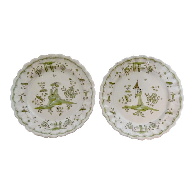 19th-Century French Moustiers Chinoiserie Figural Plates, a Pair For Sale