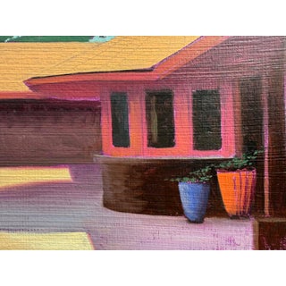 The Dennis's House by Diego Glazer | Oil on Panel Painting of a house with colorful pots For Sale