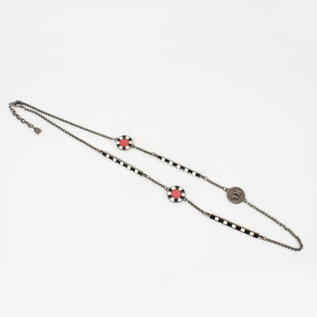 Black Karl Lagerfeld Gunmetal Long Necklace with Red and Black Enamel For Sale - Image 8 of 13