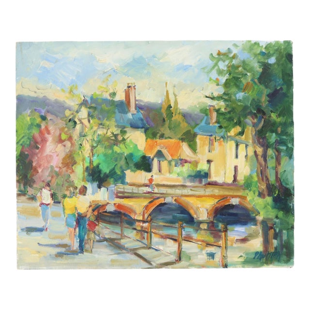 Liliane Paumier French Village Canal Oil Painting For Sale