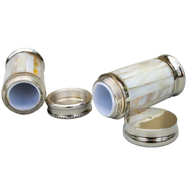 Metal Mid 20th Century Handmade Mother-of-Pearl Inlaid Ralph Lauren Salt & Pepper Shakers- Set of 2 For Sale - Image 7 of 8