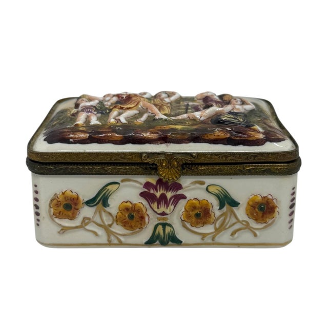 Rococo Late 19th Century Capodimonte Porcelain Hand-Painted Rectangle Shape Hindged Lid Trinket Box With Playing Maidens & Cherubs Design For Sale - Image 3 of 12