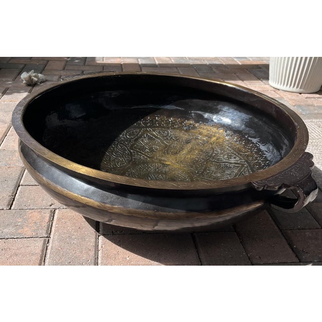 Large Brass Vintage Etched Handcrafted Indian Urli Bowl (29 Inches Long and 20lbs) For Sale - Image 9 of 14