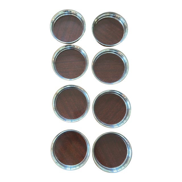 Mid-Century Modern Drink Coasters Round Formica Wood Laminate Silver Patina Trim- Set of 8 For Sale