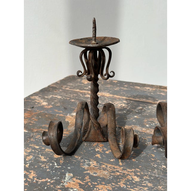 Vintage Wrought Iron Scrolling Candleholders, a Pair, Circa Mid-20th Century For Sale - Image 13 of 18