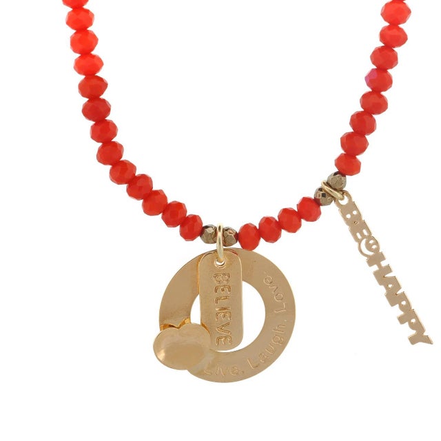 Believe & Be Happy Red Crystal Beaded Gold Choker Necklace For Sale - Image 13 of 13