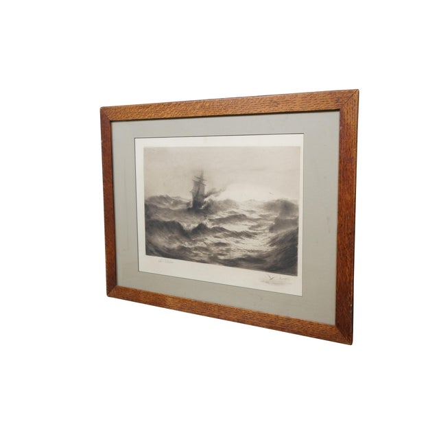 Wood frame; gray mat Late 19th century black-and-white nautical maritime etching by Otis S. Weber. Coastal seascape with a...