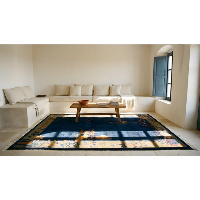 1920s Blue Navy Vase Floral Antique Chinese Art Deco Carpet 5' X 7'7" Knotted Wool Rug For Sale - Image 14 of 16