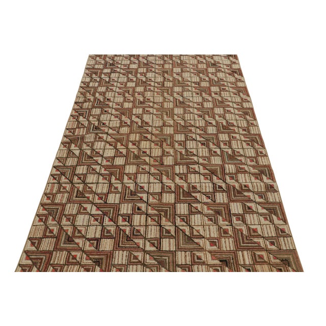 Traditional Antique Hooked Rug With Beige-Brown Geometric Patterns, From Rug & Kilim For Sale - Image 3 of 7