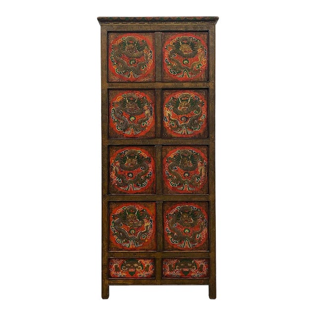 Antique Tibetan Hand Painted Dragon Tall Cabinet For Sale