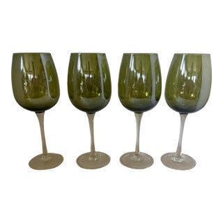 Late 20th Century Mid-Century Modern Style Lustrous Olive Green & Clear Glass Stemmed Wine Goblets - Set of 4 For Sale