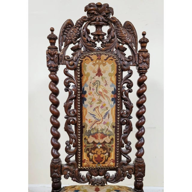 Brown Antique French Renaissance Revival Jacobean Carved Needlepoint Chair For Sale - Image 8 of 14